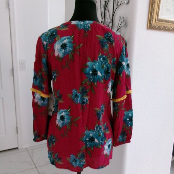 New Pioneer Woman Flowy Gauze Floral Print Boho Top Blouse S Fuchsia Red Blue - Picture 6 of 12